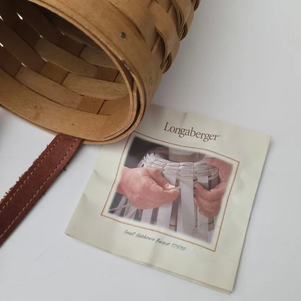 Longaberger 2003 Tall Hanging Basket Brown Liner Leather Strap Farmhouse Decor